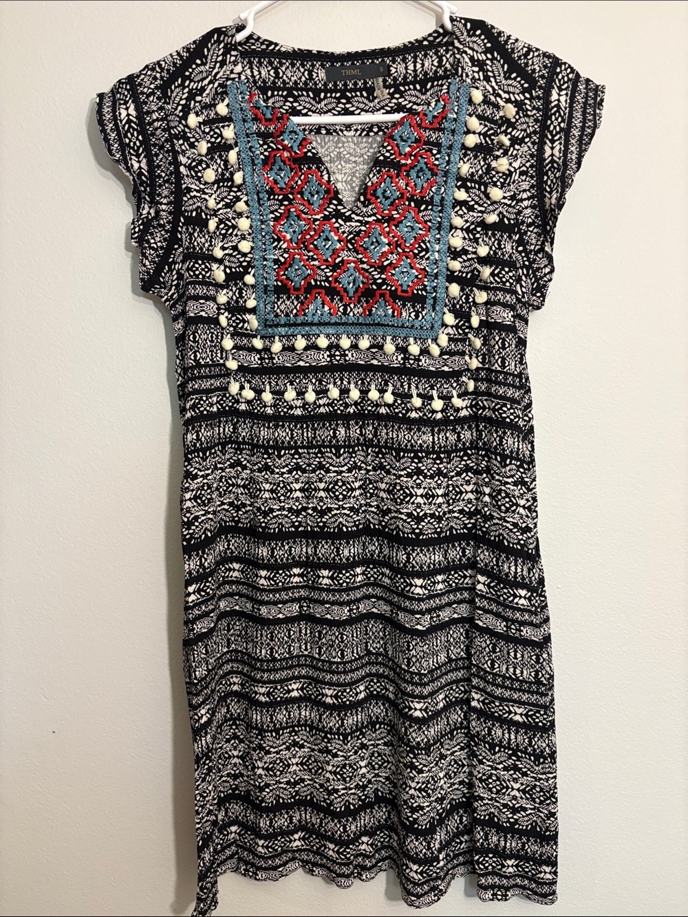 THML Black & White Midi Dress with Red & Turquoise Embroidered Yoke